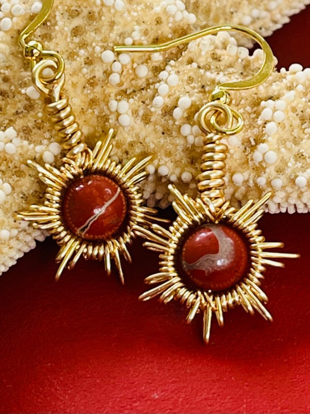 Red Jasper Sunburst Wire Wrapped Earrings | Boho Dangle Celestial Gemstone